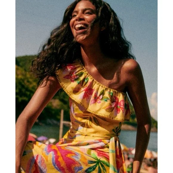 Sezane X Farm Rio Size US 10 Parioca Blouse One Shoulder Floral Crop Tropical - Picture 2 of 13